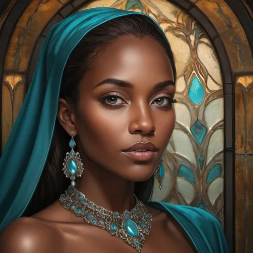 Prompt: Beautiful woman with extremely dark black complexion, elegant attire, high quality, realistic, wearing turquoise jewelry, soft lighting, detailed facial features, captivating eyes, graceful posture, cultural jewelry, regal ambiance