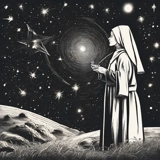 Prompt: nun sniffing galaxies and stars thru a straw.