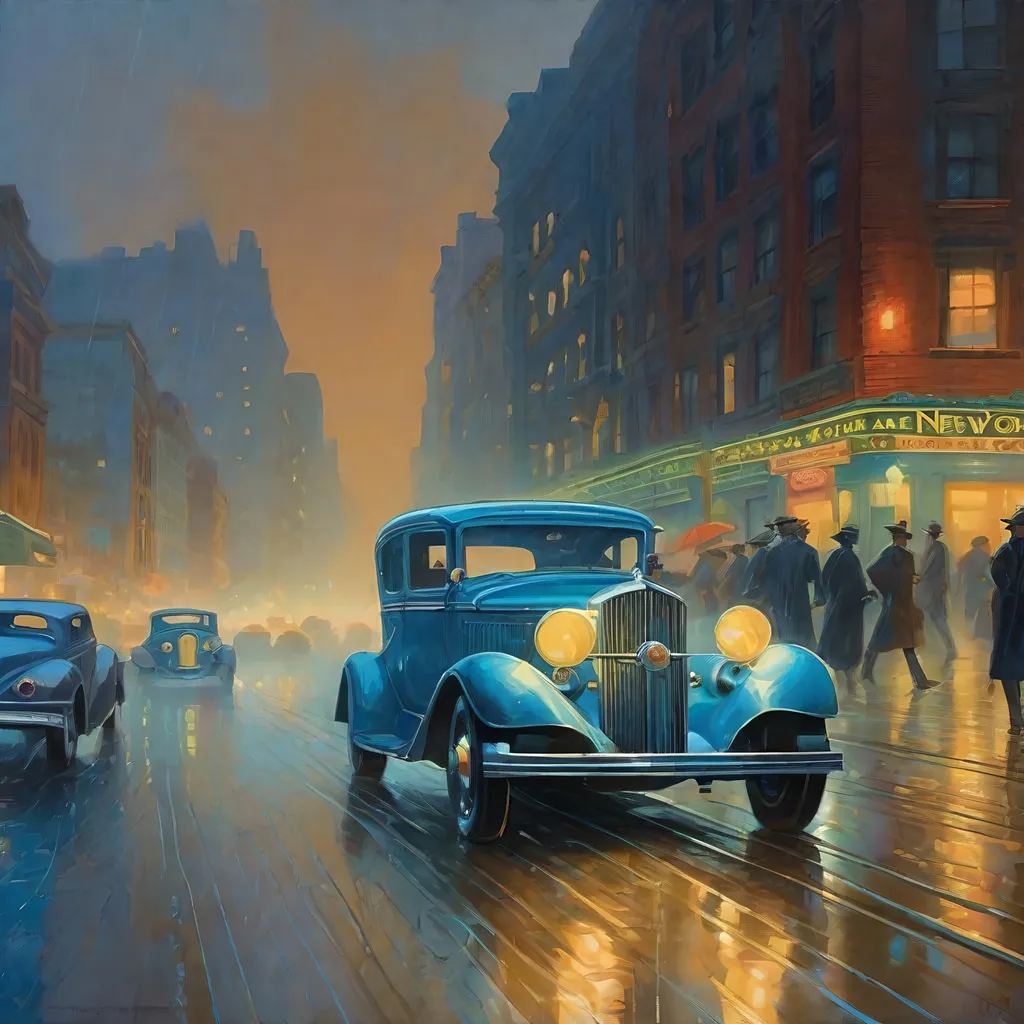 Prompt: 1930s, downtown New York at night, neon, car chase, rain, fog, cold blue atmosphere, cartoony style, extremely detailed painting by Greg Rutkowski and by Henry Justice Ford and by Steve Henderson 

