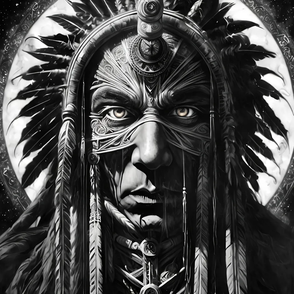 Prompt: Center, Blue Moon, Divine, all-seeing native American, protector of all, symbolism, gothic painting, black and white, cosmic order, transcendence, detailed eyes, intricate symbolism, high res, ultra-detailed, gothic, cosmic, monochrome, intense gaze, majestic, atmospheric lighting