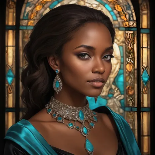 Prompt: Beautiful woman with extremely dark black complexion, elegant attire, high quality, realistic, wearing turquoise jewelry, soft lighting, detailed facial features, captivating eyes, graceful posture, cultural jewelry, regal ambiance