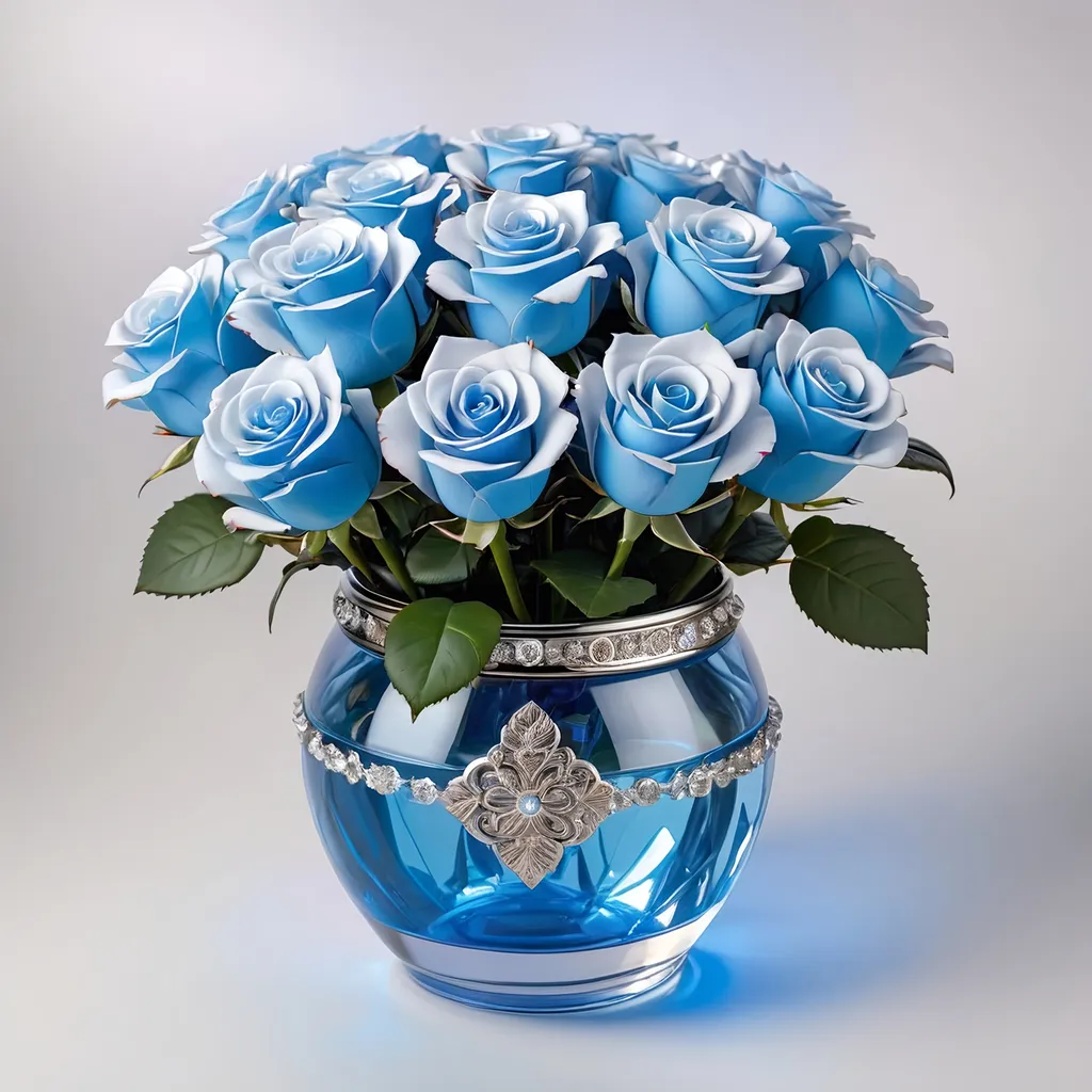 Prompt: Clear crystal pot with platinum accents, filled with light blue roses.