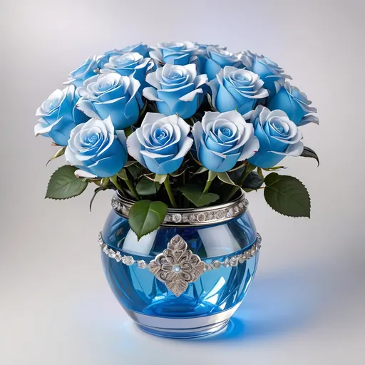 Prompt: Clear crystal pot with platinum accents, filled with light blue roses.