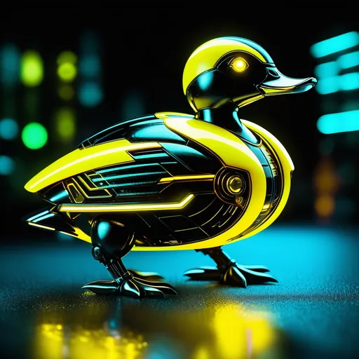 Prompt: Tiny duck mech, metallic and sleek design, futuristic sci-fi style, intense yellow and black color scheme, sparkling neon lights, miniature scale, highres, ultra-detailed, sci-fi, futuristic, metallic sheen, intense color scheme, miniature scale, neon lights, detailed design, professional, atmospheric lighting