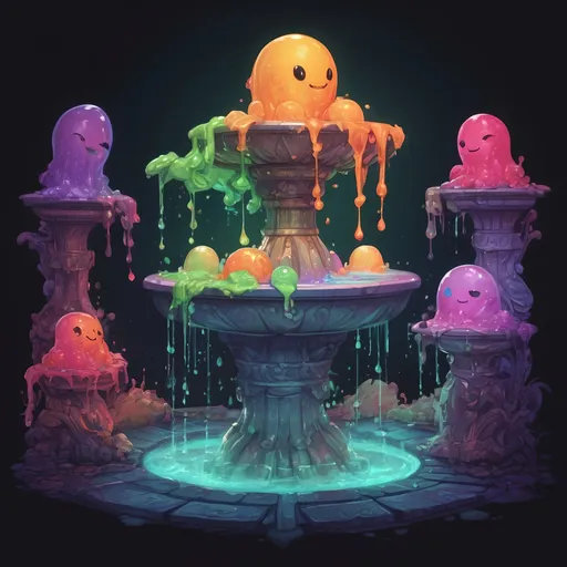 Prompt: A four-way fountain each side filled with strange glowing dancing slimes in many colors, in zen tangle art style
