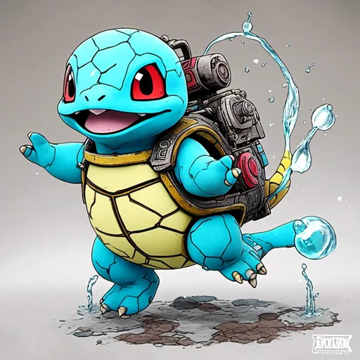 Prompt: <mymodel>squirtle the pokemon, evil grin, spraying water.