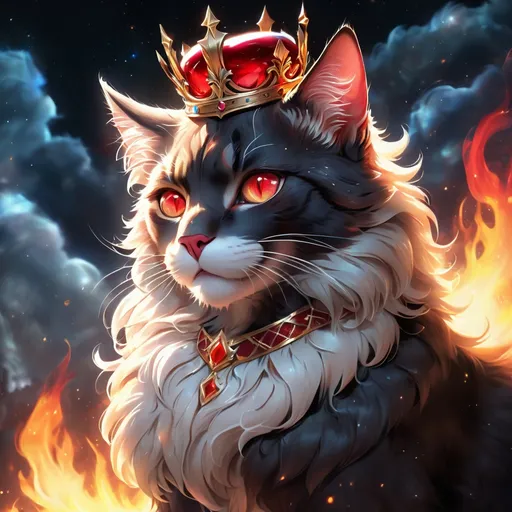 Prompt: warrior king cat with {black fur} and {ruby red eyes}, senior male cat, fire element, wearing crown, flame, Erin Hunter, gorgeous anime portrait, beautiful cartoon, 2d cartoon, beautiful 8k eyes, elegant {red fur}, pronounced scar on chest, fine oil painting, modest, gazing at viewer, beaming red eyes, glistening red fur, low angle view, zoomed out view of character, 64k, hyper detailed, expressive, timid, graceful, beautiful, expansive silky mane, deep starry sky, golden ratio, precise, perfect proportions, vibrant, standing majestically on a tall crystal stone, hyper detailed, complementary colors, UHD, HDR, top quality artwork, beautiful detailed background, unreal 5, artstaion, deviantart, instagram, professional, masterpiece