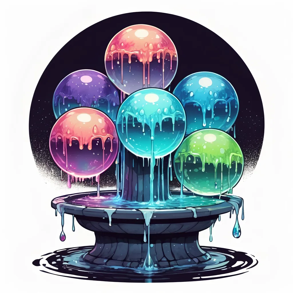 Prompt: A four-way fountain each side filled with strange glowing dancing crystal sphere dripping slime in many colors, in zen tangle art style
