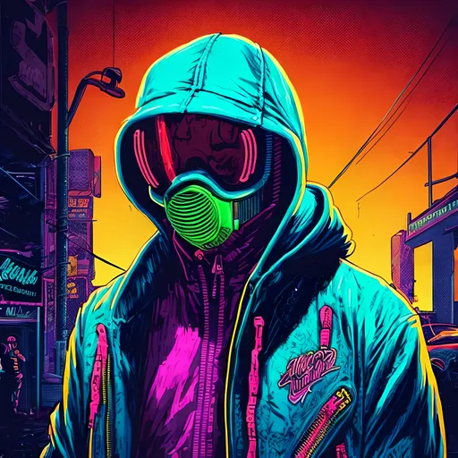 Prompt: Detailed illustration of a character in a vibrant jacket from Hotline Miami 2, neon-lit urban setting, gritty and intense atmosphere, high-quality digital art, intense neon colors, 80s retro style, dynamic pose, vibrant and pulsating lighting, detailed jacket design, professional digital rendering, intense and gritty, neon-lit, urban, 80s retro, dynamic pose, high-quality, vibrant colors, detailed design, professional, atmospheric lighting