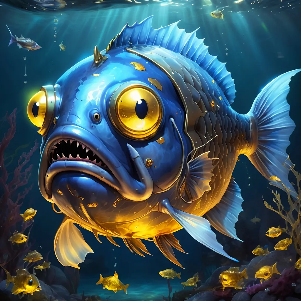 Prompt: Anglerfish with blue and dark gray scales zombie-like with golden plates and markings and angler lure that glows gold, background deep ocean with glowing plants