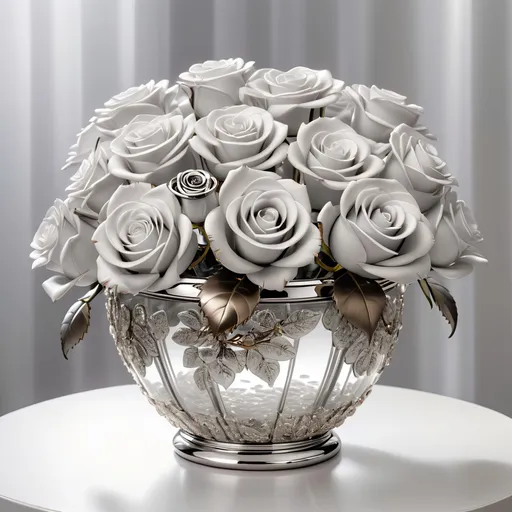 Prompt: Clear crystal pot with platinum accents, filled with metallic platinum roses, high quality, detailed, luxurious, crystal medium, platinum accents, reflective surfaces, intricate detailing, elegant design, soft lighting, sophisticated, platinum roses, crystal clear, high-end, opulent