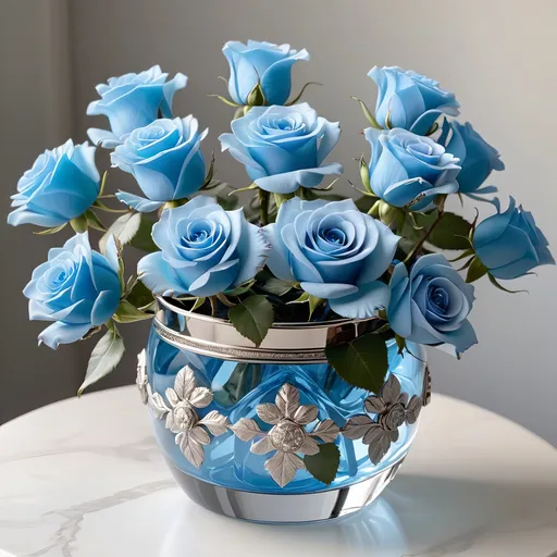 Prompt: Clear crystal pot with platinum accents, filled with light blue roses.