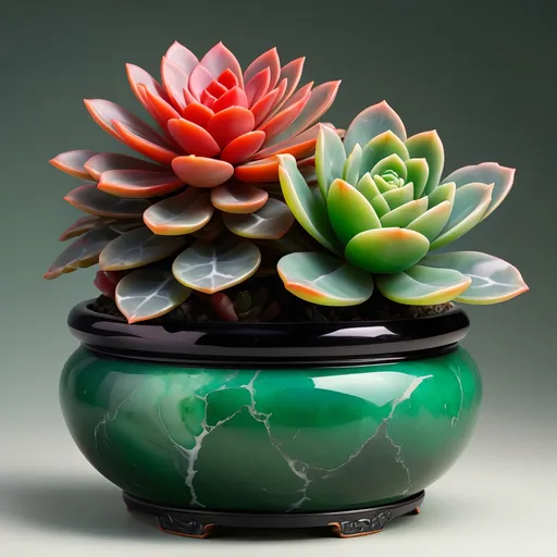 Prompt: Onyx pot with jade accents, with neon red succulent, jade handles, highres, detailed, realistic painting, vibrant colors, natural lighting, intricate details, luxurious material, botanical illustration, elegant design, rich green tones, polished surfaces, high quality, realistic, succulent, onyx and jade pot, vibrant, natural lighting, intricate details, luxurious material, botanical illustration, elegant design, rich green tones, polished surfaces