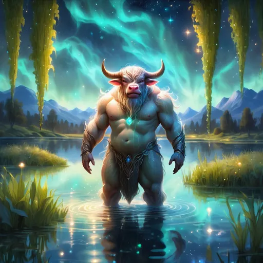 Prompt: An fantasy translucent dwarf bull humanoid that is glowing on a lake surrounded by willows. Starry night. Bioluminescent. Beautiful. Majestic. Graceful. Terrifying. Powerful. Highly detailed painting. 8k.