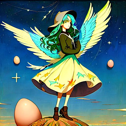 Prompt: In style of christian Schloe and daria Petrilli, a giant colorful bird flying with a beautiful cute girl with a very long and wild  ombre gradient blue hair on its back in a beautiful starry sky. Craquelure, egg tempera effect, Naive art, extremely detailed, optical illusion, oil painting 