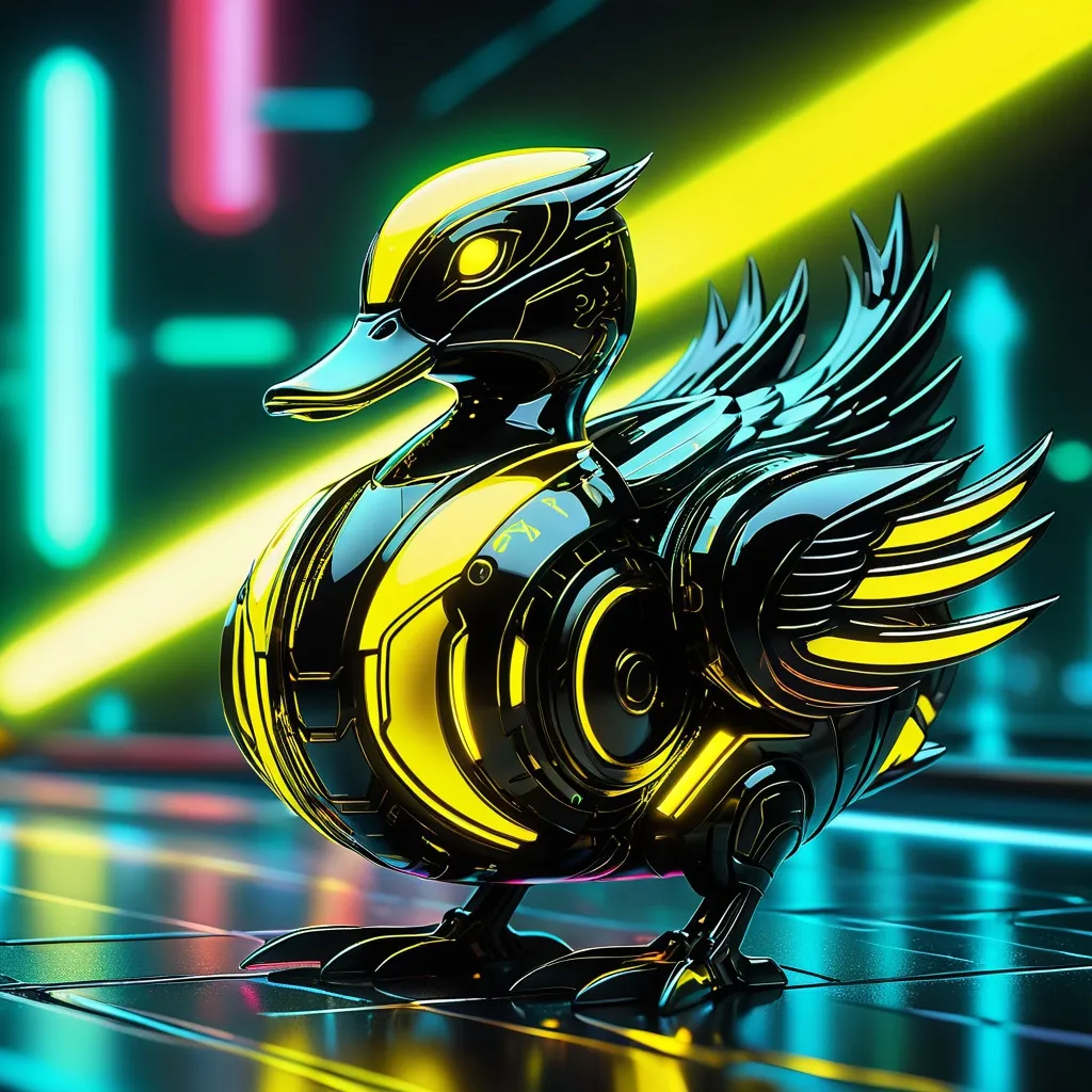 Prompt: Tiny duck mech, metallic and sleek design, futuristic sci-fi style, intense yellow and black color scheme, sparkling neon lights, miniature scale, highres, ultra-detailed, sci-fi, futuristic, metallic sheen, intense color scheme, miniature scale, neon lights, detailed design, professional, atmospheric lighting