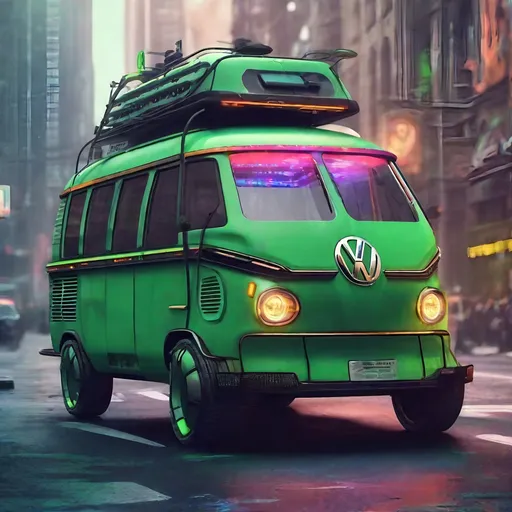 Prompt: Futuristic Volkswagen mini bus in a dystopian future. Make it green. Add neon lights and antennas to the mini bus.