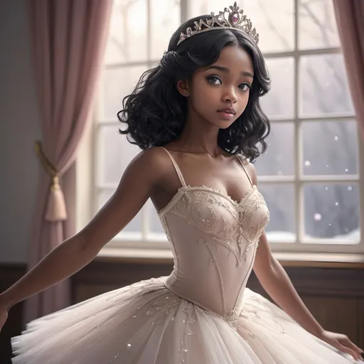 Prompt: Gorgeous dark-skinned ballerina anime, raven black hair, Snow White princess, ballet dress, delicate tiara, elegant pose, detailed eyes, highres, ultra-detailed, anime, fantasy, elegant, delicate, graceful, ballet, princess, regal, classical style, soft pastel tones, enchanting lighting