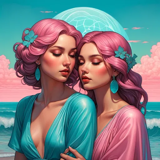 Prompt: muted pink sky and blue aqua sisyphean miracle minimalist emotionally impactful beauty in a surreal pop art style whispering in quirky fun casey weldon mucha davinci and guweiz illustration painting