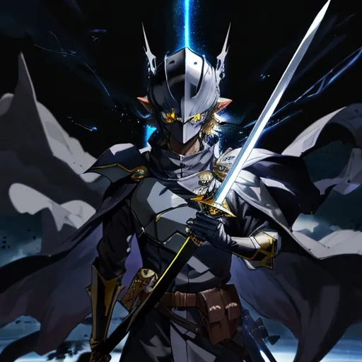 Prompt:  an anime character with a helmet flying through the dark void with a sword, solo, dark skin, pointy ears, yellow eyes, gloves, holding, looking at viewer, pouch