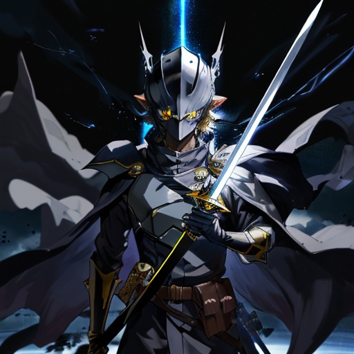 Prompt:  an anime character with a helmet flying through the dark void with a sword, solo, dark skin, pointy ears, yellow eyes, gloves, holding, looking at viewer, pouch