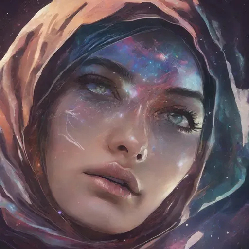 Prompt: Beautiful woman in hijab shooting galaxies from her eyes, digital illustration, cosmic atmosphere, intense gaze, flowing hijab with cosmic patterns, vibrant and dreamy, high quality, cosmic digital art, radiant colors, ethereal lighting