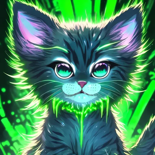 Prompt: Glowing green anime illustration of a playful kitten, vibrant shades of green, futuristic digital setting, neon lights in the background, radiant fur with luminous glow, big expressive eyes, high-tech collar, best quality, highres, ultra-detailed, anime, futuristic, glowing green, digital art, playful, vibrant, neon lights, luminous fur, expressive eyes, professional, futuristic lighting