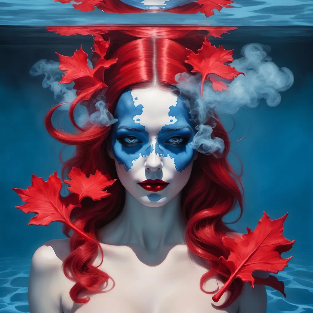 Prompt:  the rorschach pin up lady of smoke and mirrors in a blue water and red ink land, surreal, photorealistic 