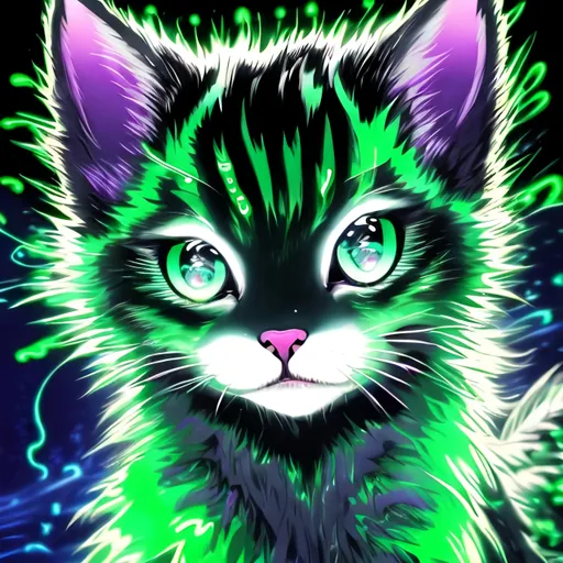 Prompt: Glowing green anime illustration of a playful kitten, vibrant shades of green, futuristic digital setting, neon lights in the background, radiant fur with luminous glow, big expressive eyes, high-tech collar, best quality, highres, ultra-detailed, anime, futuristic, glowing green, digital art, playful, vibrant, neon lights, luminous fur, expressive eyes, professional, futuristic lighting