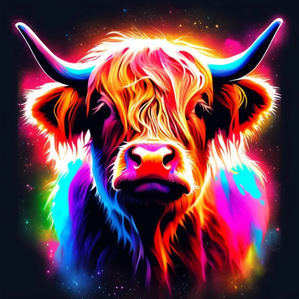 Prompt: dwarf highland cow with cosmic overlay. Neon colors.