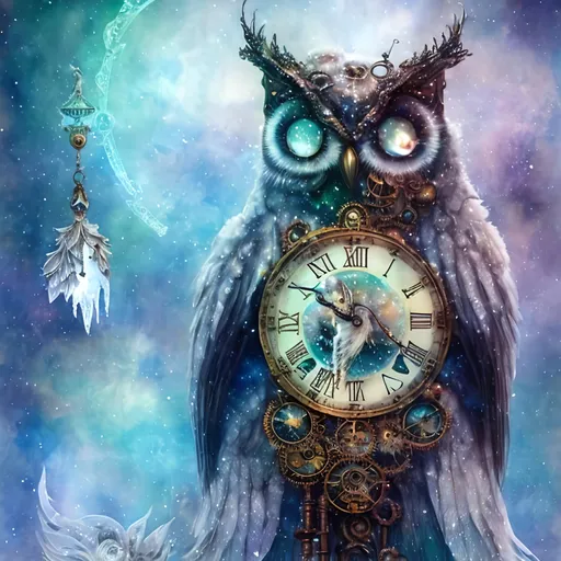 Prompt: ""<lora:Cosmic steampunk:1.0> Dreamy cloudy effect romantic very large white owl with icy snow background, sitting on a snow covered branch with icicles hanging from the branch, stylized, iridescent, intricate, fantastic, fantasia, fantasy, dreamy, watercolor, flared edges, beautiful bright white"