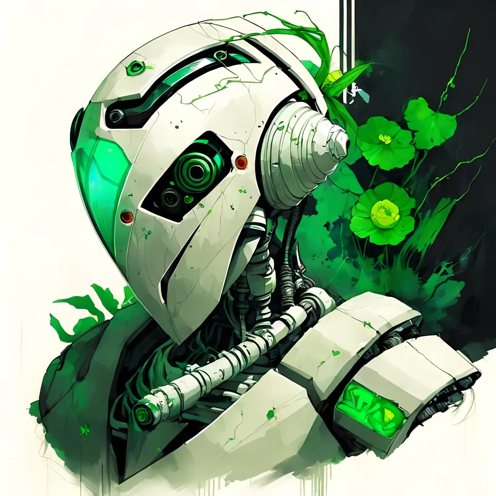 Prompt: cartoon white lotus mantis robot , cyberpunk tones, cyberpunk colors, mechanical environnement with vines and vegetation
