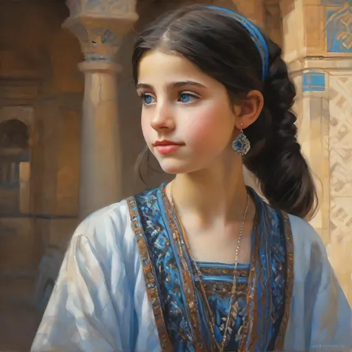 Prompt: A 13 years old Syrian girl, pale skin, black hair, pigtails, blue eyes, traditional Syrian dress, Old Damascus, photorealistic, extremely detailed painting by Greg Rutkowski by Steve Henderson