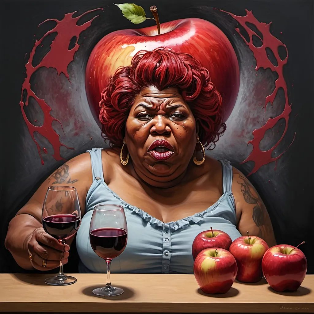 Prompt: Big Mama Bertha, Final Rage of Court Case, Flowing red Sadness, Wine of Anarchy, red apples by Daniel Overwall