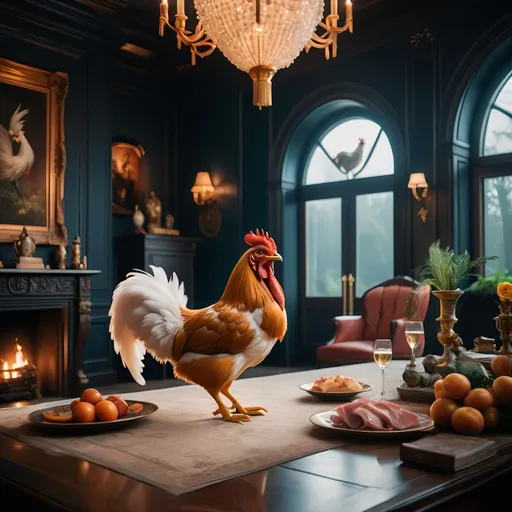 Prompt: impressive luxury residence combining the styles of metaphorical chicken and mystical fox, professional photography, cinematic lighting, unsplash