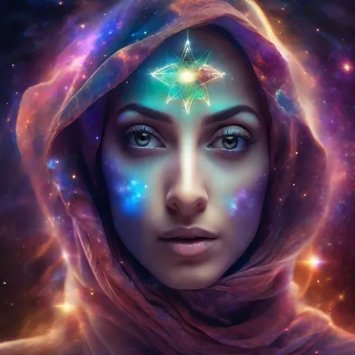 Prompt: Beautiful woman in hijab exhaling stars and galaxies, bright lasers shooting from her eyes, ethereal smoke, cosmic, surreal, vibrant colors, atmospheric lighting, digital art, high quality, detailed features, flowing hijab, mystical, ethereal beauty, cosmic atmosphere, surrealistic, mystical atmosphere, stars and galaxies, laser eyes, vibrant surrealism