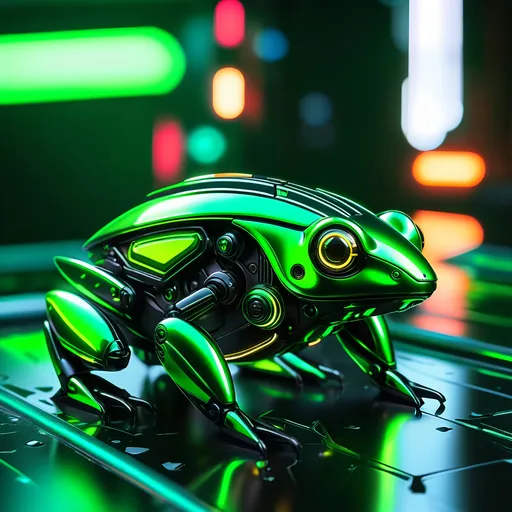 Prompt: Tiny frog mech, metallic and sleek design, futuristic sci-fi style, intense green and black color scheme, sparkling neon lights, miniature scale, highres, ultra-detailed, sci-fi, futuristic, metallic sheen, intense color scheme, miniature scale, neon lights, detailed design, professional, atmospheric lighting