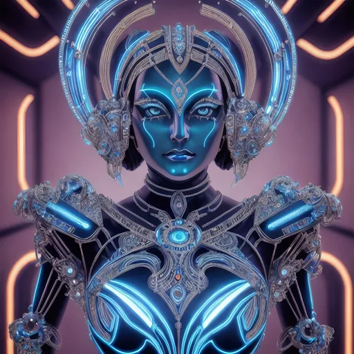 Prompt: intricate Art deco metal Lady, sparkling blue eyes, metal, color,  ornate, intricate, flowing, neon, led, fractals, hyper-detailed, 64K, UHD, HDR, unreal engine, vivid colors