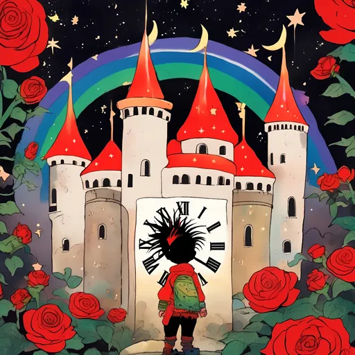 Prompt: in the style of sumi-e Outside a grand castle under a starry sky a cute adventurer with a rainbow mohawk gazes at a celestial time clock surrounded by red and black roses 