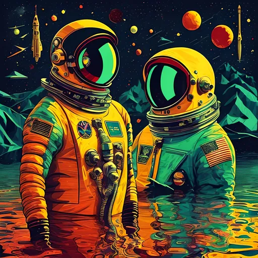 Prompt: Pop art illustration of an astronaut in a wooden boat, vibrant lighting, dark space water, elegant, highly detailed, smooth, sharp focus, full body, geometric, cinematic, artwork by Borovikovsky, planets, pop art, beautiful, vibrant, astronaut, wooden boat, dark space water, elegant, highly detailed, smooth, sharp focus, illustration, geometric, full body, cinematic, vibrant lighting, planets