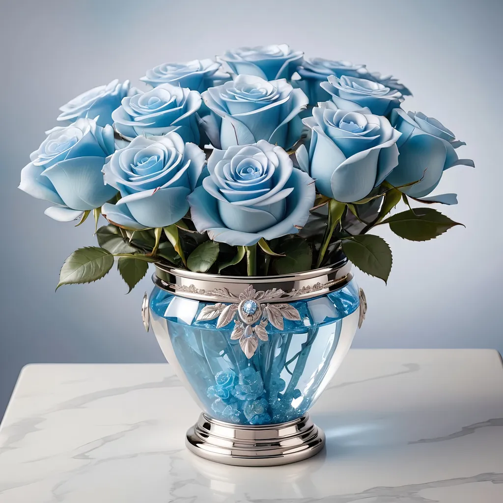 Prompt: Clear crystal pot with platinum accents, filled with light blue roses.