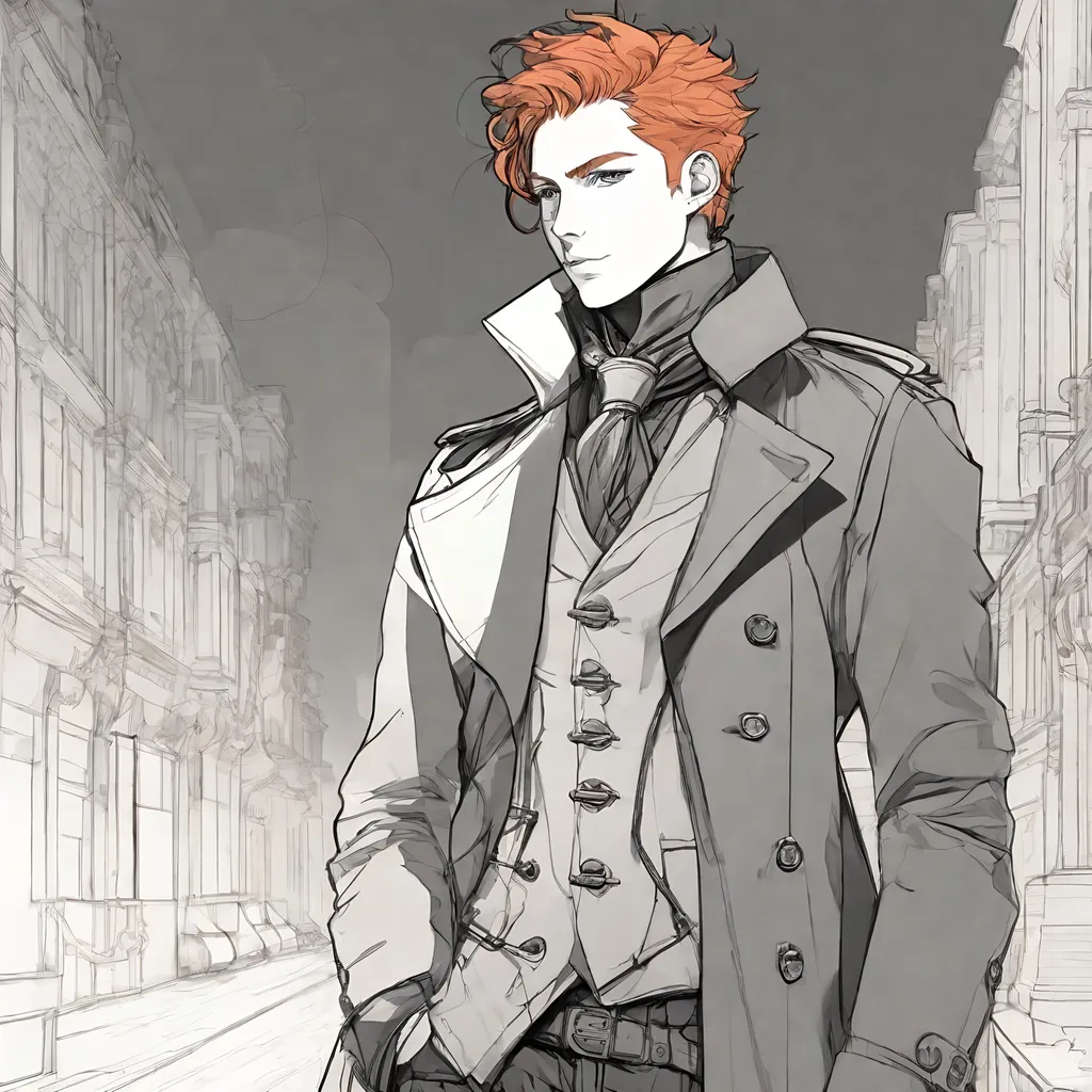 Prompt: Line drawing, concept art, red, anime, trench coat, ginger, flame hair, steampunk, victorian, sci-fi, very detailed character, backlight, backlit