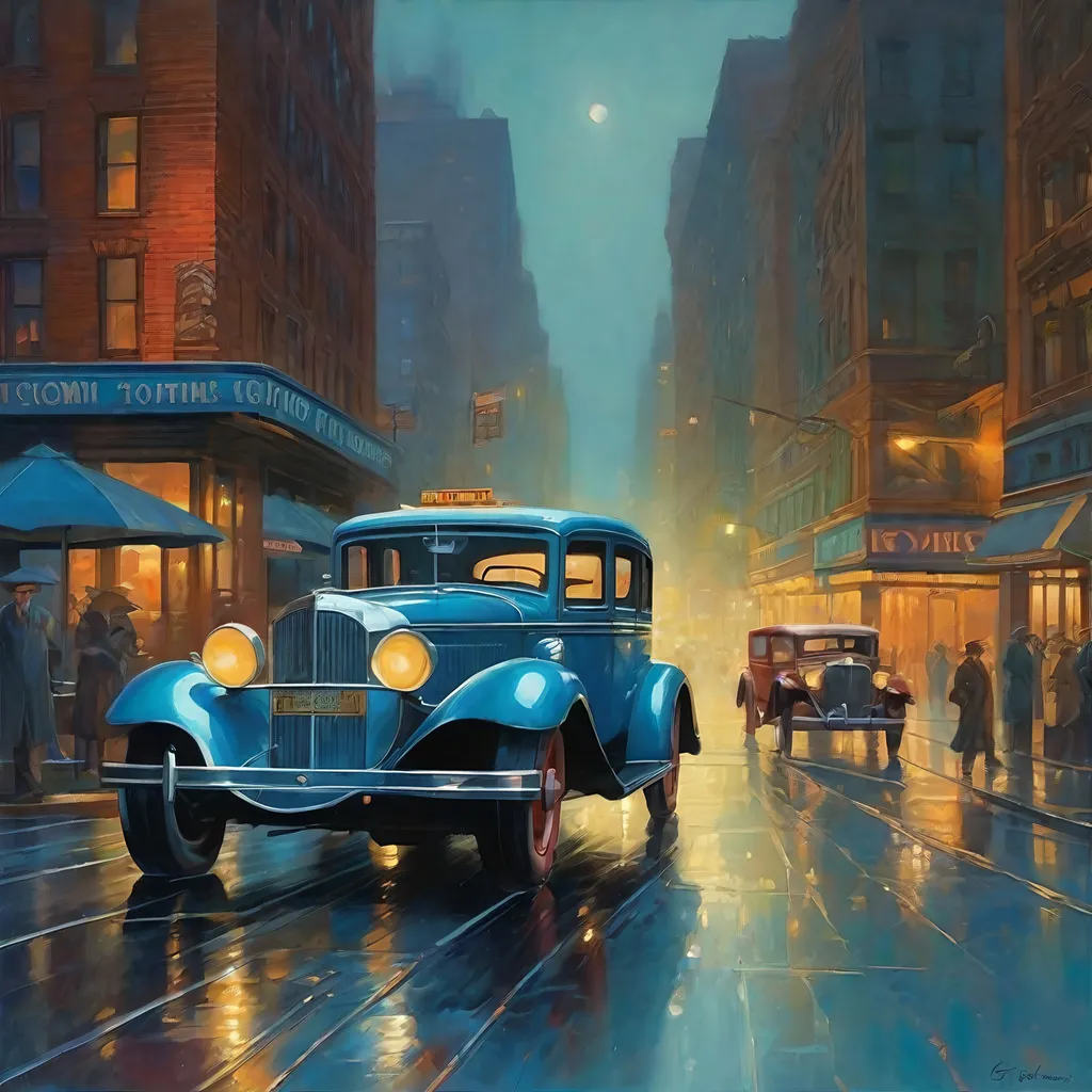 Prompt: 1930s, downtown New York at night, neon, car chase, rain, fog, cold blue atmosphere, cartoony style, extremely detailed painting by Greg Rutkowski and by Henry Justice Ford and by Steve Henderson 

