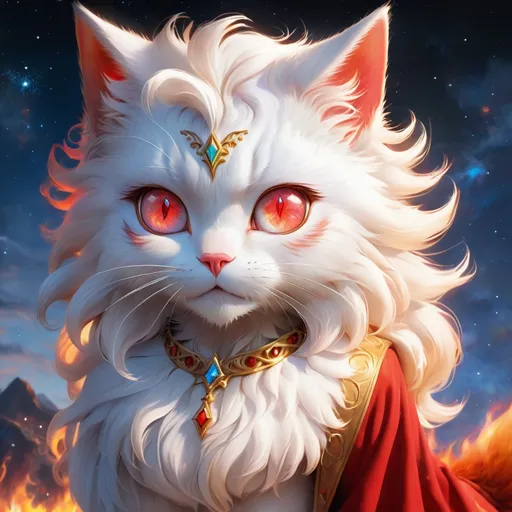 Prompt: wizard cat with {white fur} and {ruby red eyes}, senior female cat, fire element, flame, Erin Hunter, gorgeous anime portrait, beautiful cartoon, 2d cartoon, beautiful 8k eyes, elegant {red fur}, pronounced scar on chest, fine oil painting, modest, gazing at viewer, beaming red eyes, glistening red fur, low angle view, zoomed out view of character, 64k, hyper detailed, expressive, timid, graceful, beautiful, expansive silky mane, deep starry sky, golden ratio, precise, perfect proportions, vibrant, standing majestically on a tall crystal stone, hyper detailed, complementary colors, UHD, HDR, top quality artwork, beautiful detailed background, unreal 5, artstaion, deviantart, instagram, professional, masterpiece