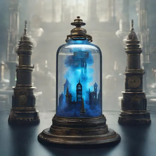 Prompt: An antique glass cylinder bound in a complex metal armature and a complex locking sealed top, containing swirling glowing blue smoke. It is surrounded by a miniature city. Occult dark-background, smoke-filled room, steampunk, octane render, 16k