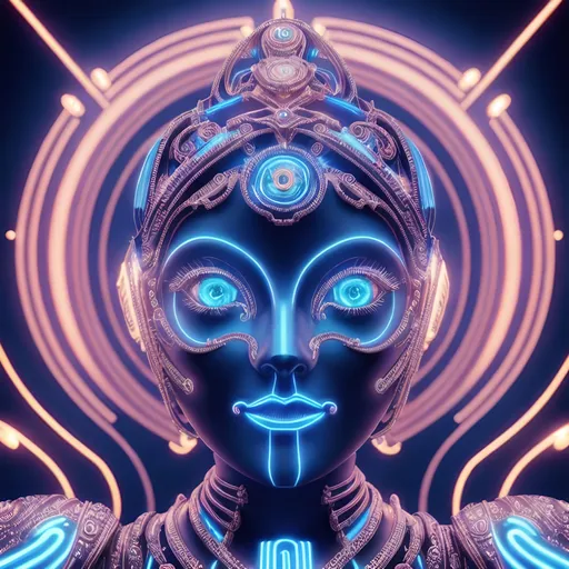 Prompt: intricate Art deco metal Lady, sparkling blue eyes, metal, color,  ornate, intricate, flowing, neon, led, fractals, hyper-detailed, 64K, UHD, HDR, unreal engine, vivid colors