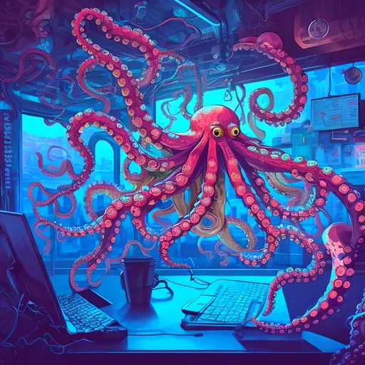 Prompt: Octopus coding at desk, wearing headphones, energy drink, snack, petting dog, playing piano, lifting dumbbell, digital illustration, vibrant colors, detailed tentacles, professional, highres, detailed coding environment, multi-tasking octopus, modern setting, futuristic technology, energetic lighting