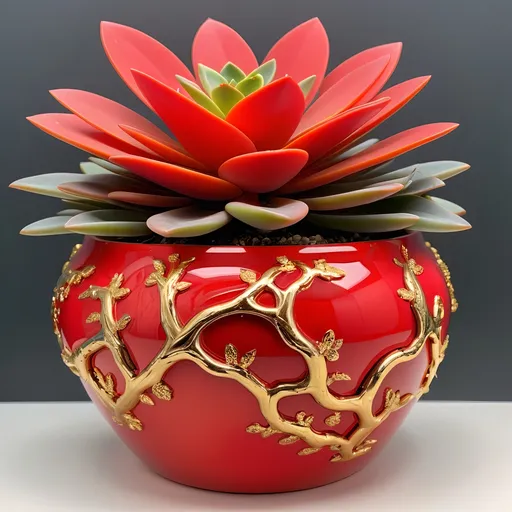 Prompt: Big Red quartz pot with metallic gold accents filled with 1 neon red succulent, shiny metallic surface, vibrant red and gold colors, intricate vine patterns, high quality, detailed, luxurious, elegant, realistic, warm lighting, symmetrical