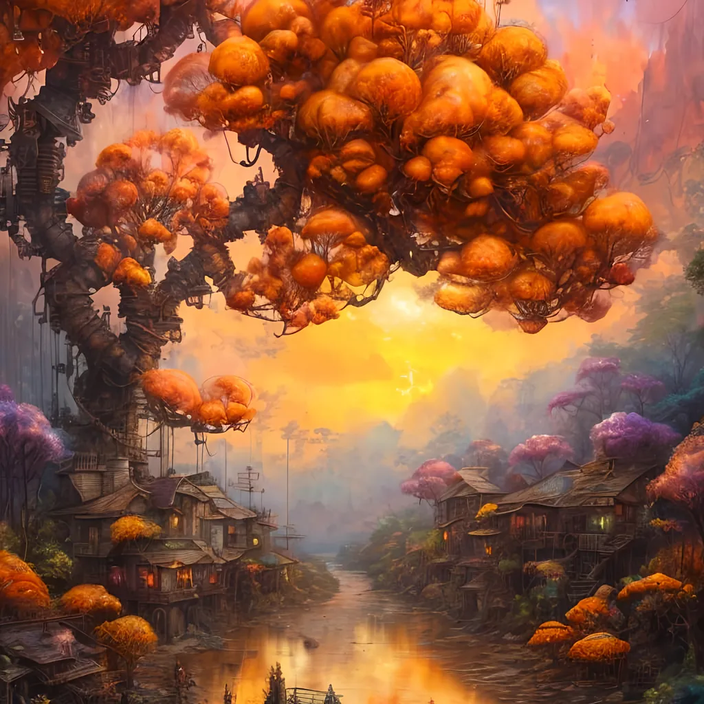 Prompt: watercolor, wet on wet, {{beautiful orange and yellow cotton candy tree in a mountain}} {highest quality concept art}, orange tones sunset in a spring background, steampunk style of Josephine wall and Daniel Merriam,
hyper realists, matte painting,  128k UHD HDR HD, professional long shot photography, unreal engine octane render trending on artstation
