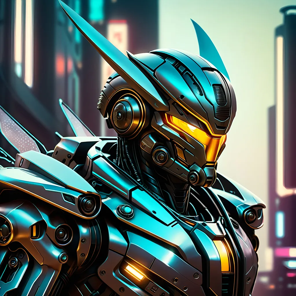 Prompt: Futuristic sci-fi illustration of a metallic hornet mech, sleek design, detailed metal textures, high-tech enhancements, intense and focused gaze, cool-toned lighting, urban cyberpunk setting, best quality, highres, ultra-detailed, sci-fi, futuristic, metallic, sleek design, detailed textures, intense gaze, cool-toned lighting, cyberpunk